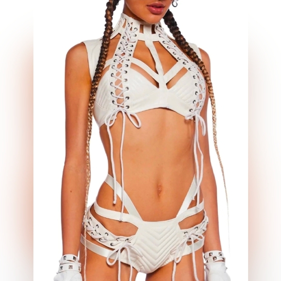 Dolls Kill Club Exx Harness Cream Shorts Bottom - Picture 6 of 15